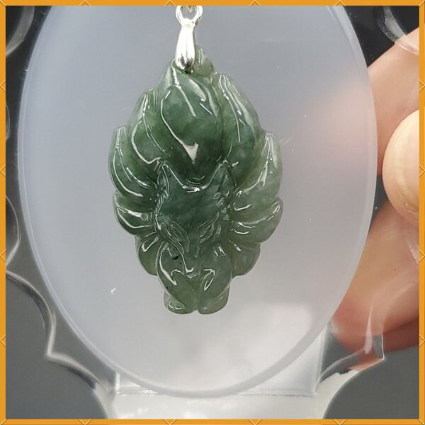Yingmart Green Nine Tails Fox Burmese Myanmar Genuine Jadeite Jade Grade A Hand Craving Pedant with Hook setting