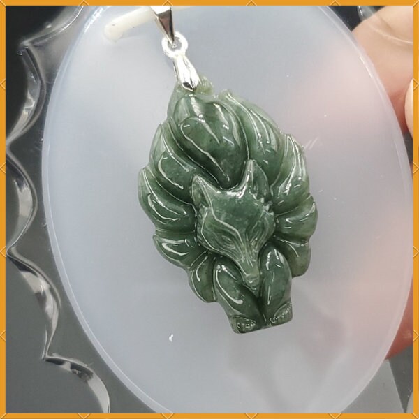 Yingmart Green Nine Tails Fox Burmese Myanmar Genuine Jadeite Jade Grade A Hand Craving Pedant with Hook setting