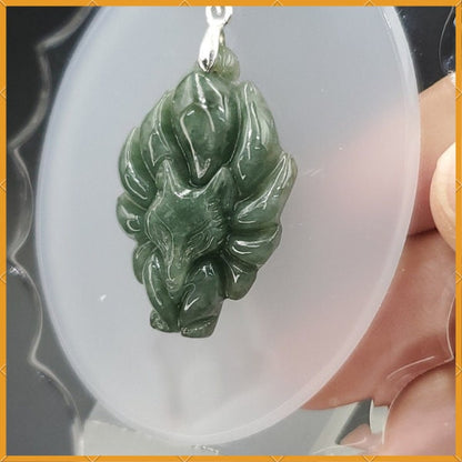 Yingmart Green Nine Tails Fox Burmese Myanmar Genuine Jadeite Jade Grade A Hand Craving Pedant with Hook setting