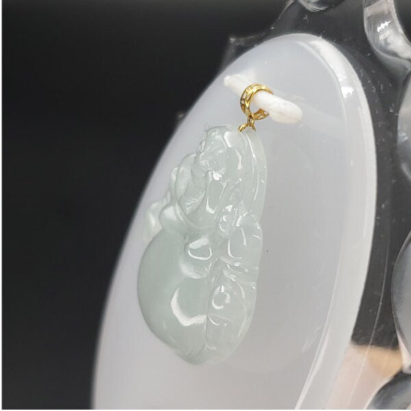 Yingmart White Semi-Translucent Laughing Buhdda Burmese Myanmar Genuine Jadeite Jade Grade A Hand Craving Pedant with 18K Gold Hook setting