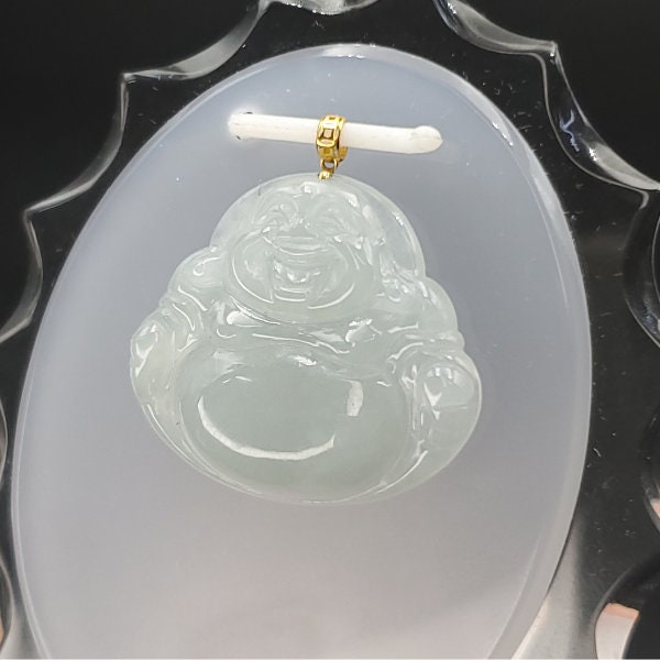 Yingmart White Semi-Translucent Laughing Buhdda Burmese Myanmar Genuine Jadeite Jade Grade A Hand Craving Pedant with 18K Gold Hook setting