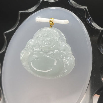 Yingmart White Semi-Translucent Laughing Buhdda Burmese Myanmar Genuine Jadeite Jade Grade A Hand Craving Pedant with 18K Gold Hook setting
