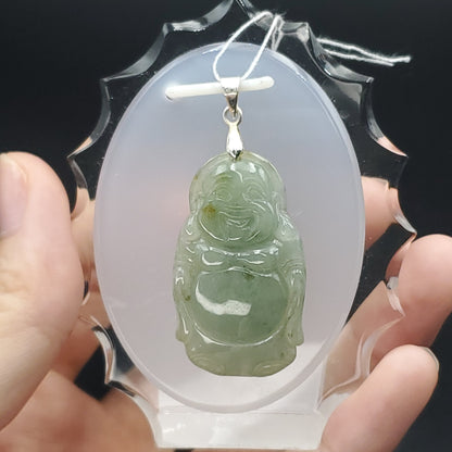Yingmart Light Blue Laughing Buhdda Burmese Myanmar Genuine Jadeite Jade Grade A Hand Craving Pedant with Hook setting