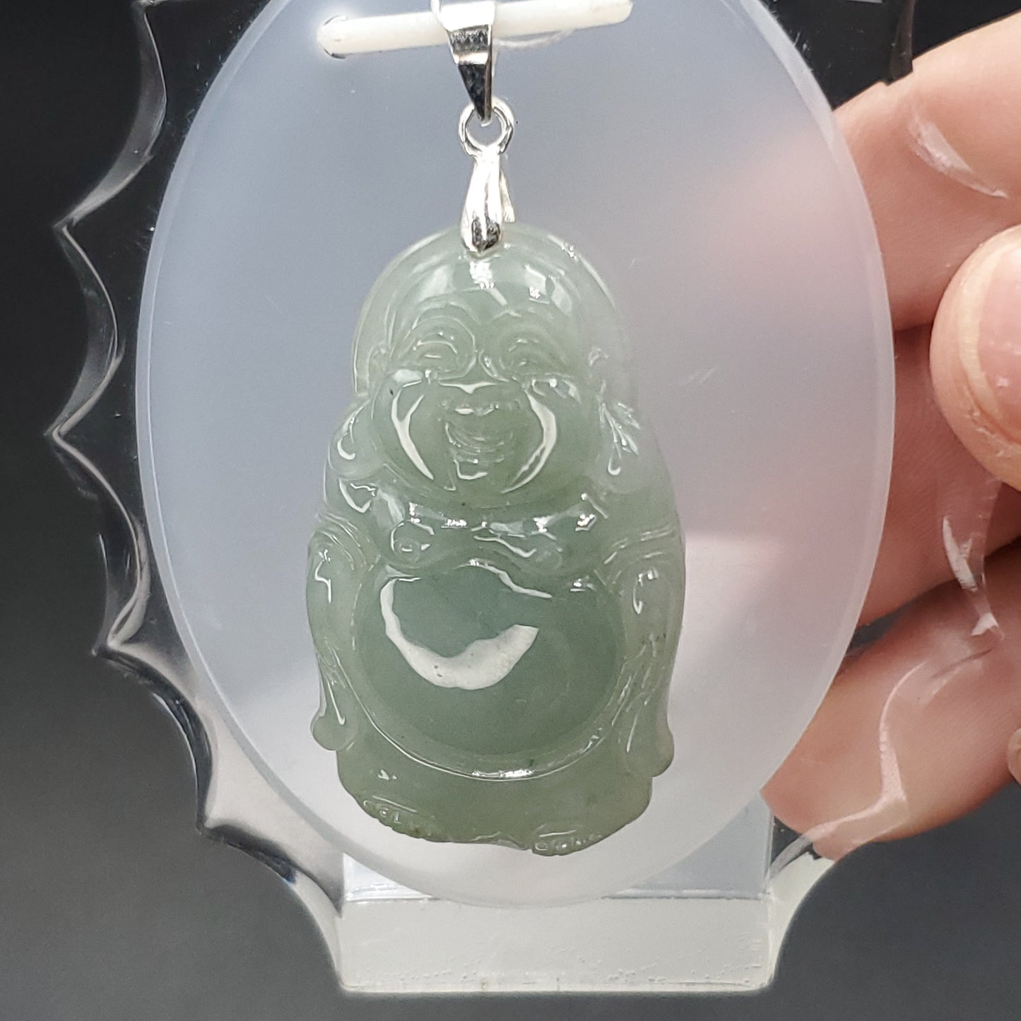 Yingmart Light Blue Laughing Buhdda Burmese Myanmar Genuine Jadeite Jade Grade A Hand Craving Pedant with Hook setting