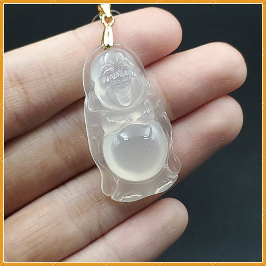Yingmart High-Quality Icy White Agate Laughing Buhdda Burmese Myanmar Genuine Grade A Hand Craving Pedant with 925S Hook Settings