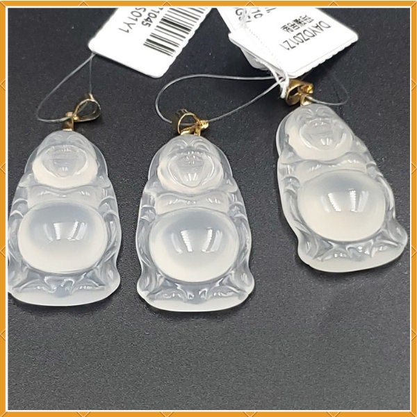 Yingmart High-Quality Icy White Agate Laughing Buhdda Burmese Myanmar Genuine Grade A Hand Craving Pedant with 925S Hook Settings