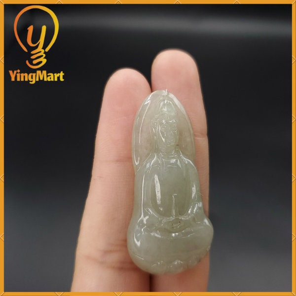 Yingmart White Guan-Yin Buhdda Burmese Myanmar Genuine Jadeite Jade Grade A Hand Craving Pedant