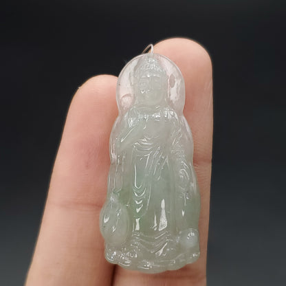 Yingmart Light Green Guan-Yin Buhdda  Burmese Myanmar Genuine Jadeite Jade Grade A Hand Craving Pedant