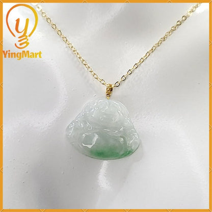 Yingmart Authentic White Apply Green Floating Laughing Buhdda Burmese Myanmar Genuine Jadeite Jade Grade A Hand Craving Pedant