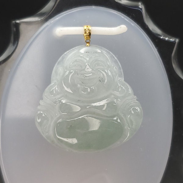 Yingmart High-quality Icy White, Light Green Grade A Jadeite Jade Laughing Buddha Burmese Myanmar A Hand Craving Pedant  with 18K Gold Hook