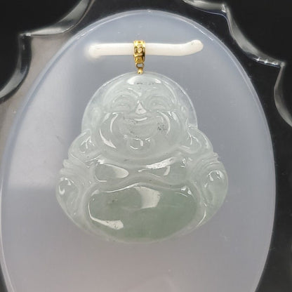 Yingmart High-quality Icy White, Light Green Grade A Jadeite Jade Laughing Buddha Burmese Myanmar A Hand Craving Pedant  with 18K Gold Hook