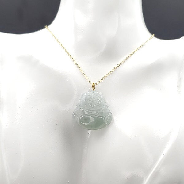 Yingmart High-quality Icy White, Light Green Grade A Jadeite Jade Laughing Buddha Burmese Myanmar A Hand Craving Pedant  with 18K Gold Hook