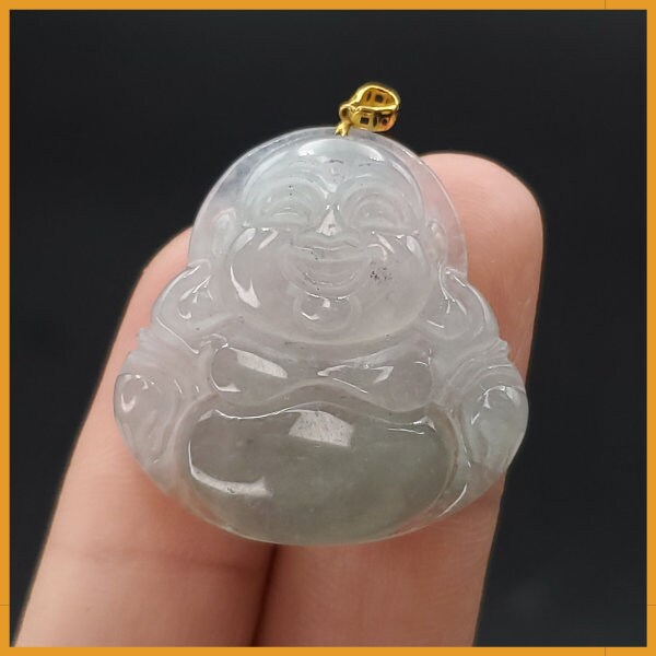 Yingmart High-quality Icy White, Light Green Grade A Jadeite Jade Laughing Buddha Burmese Myanmar A Hand Craving Pedant  with 18K Gold Hook