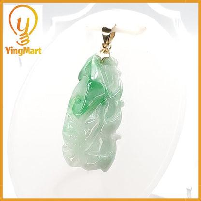 Yingmart  White Apple Green Grade A Jadeite Jade Bamboo Burmese Myanmar Genuine Hand Craving Pedant  with Metal plated 14K gold Hook