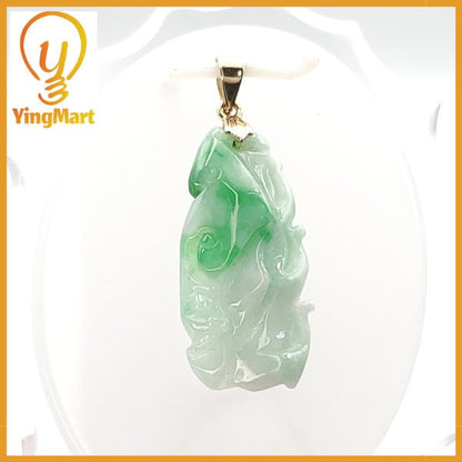 Yingmart  White Apple Green Grade A Jadeite Jade Bamboo Burmese Myanmar Genuine Hand Craving Pedant  with Metal plated 14K gold Hook