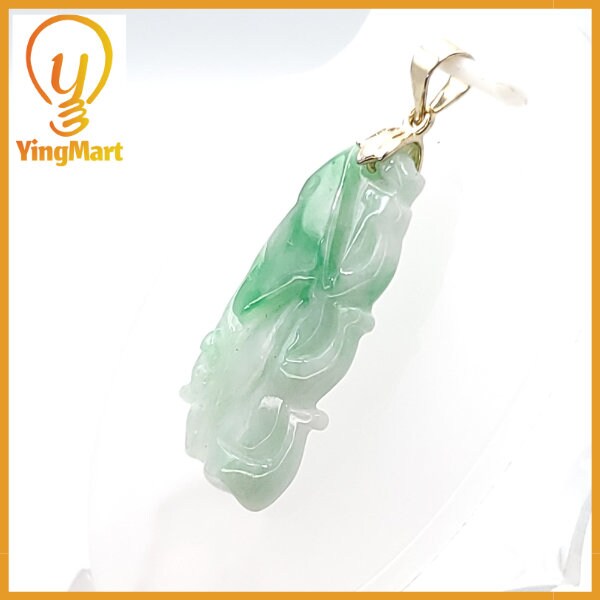 Yingmart  White Apple Green Grade A Jadeite Jade Bamboo Burmese Myanmar Genuine Hand Craving Pedant  with Metal plated 14K gold Hook