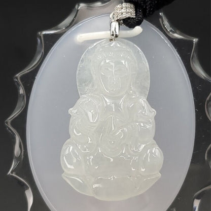 Yingmart High-quality  Jadeite Jade  White Guan-yin Buddha Burmese Myanmar Genuine Hand Craving  Pedant with S925 Hook with CZ Stone Embeded