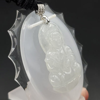 Yingmart High-quality  Jadeite Jade  White Guan-yin Buddha Burmese Myanmar Genuine Hand Craving  Pedant with S925 Hook with CZ Stone Embeded