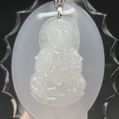 Yingmart High-quality  Jadeite Jade  White Guan-yin Buddha Burmese Myanmar Genuine Hand Craving  Pedant with S925 Hook with CZ Stone Embeded