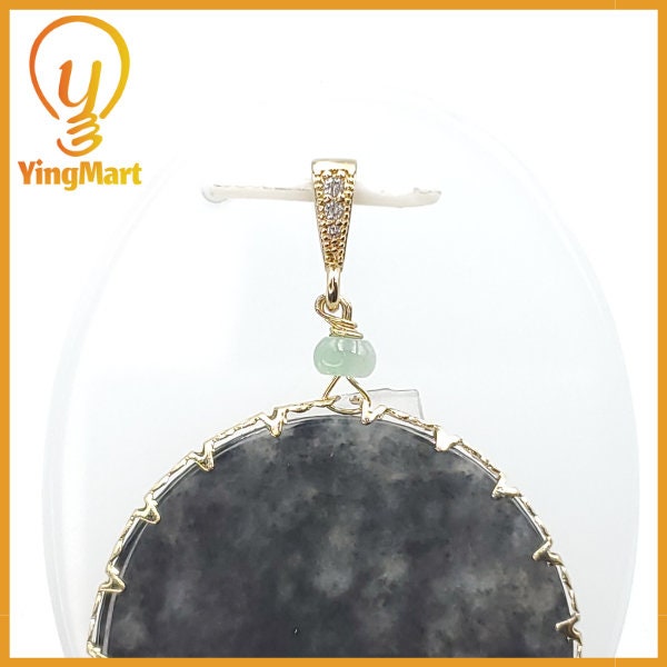 Yingmart Black Round Flat Pedant Burmese Myanmar Genuine Jadeite Jade Grade A Hand Craving Pedant S925 plated 14K Hook,  CZ Stone Embeded