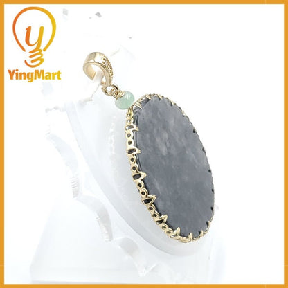 Yingmart Black Round Flat Pedant Burmese Myanmar Genuine Jadeite Jade Grade A Hand Craving Pedant S925 plated 14K Hook,  CZ Stone Embeded