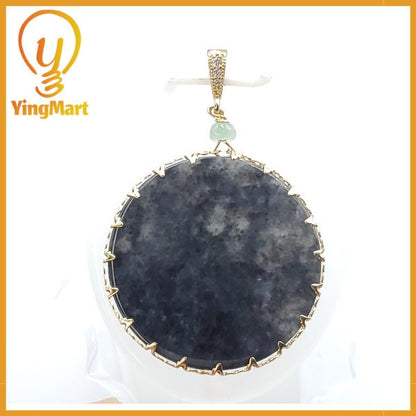 Yingmart Black Round Flat Pedant Burmese Myanmar Genuine Jadeite Jade Grade A Hand Craving Pedant S925 plated 14K Hook,  CZ Stone Embeded