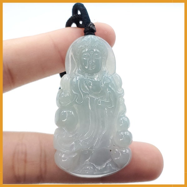 Yingmart Light Blue Guan-yin Buhda Burmese Myanmar Genuine Jadeite Jade Grade A Hand Craving Semi-Translucent Pedant