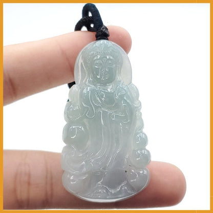 Yingmart Light Blue Guan-yin Buhda Burmese Myanmar Genuine Jadeite Jade Grade A Hand Craving Semi-Translucent Pedant