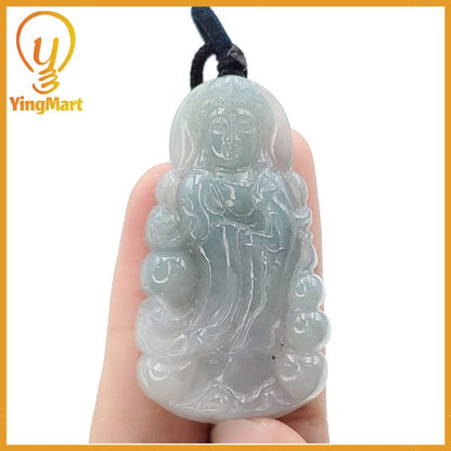 Yingmart Light Blue Guan-yin Buhda Burmese Myanmar Genuine Jadeite Jade Grade A Hand Craving Semi-Translucent Pedant