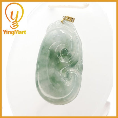 Yingmart  Semi-Translucent White Green Lucky Craving Ru-Yi Burmese Myanmar Genuine Jadeite Jade Grade A Hand Craving  Pedant, 18K Gold Hook