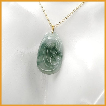 Yingmart  Semi-Translucent White Green Lucky Craving Ru-Yi Burmese Myanmar Genuine Jadeite Jade Grade A Hand Craving  Pedant, 18K Gold Hook