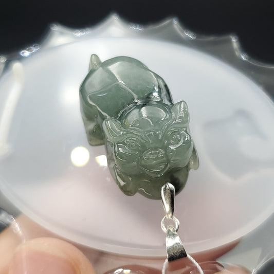 Yingmart Light Blue Piggy Burmese Myanmar Genuine Jadeite Jade Grade A Hand Craving Pedant with Hook setting