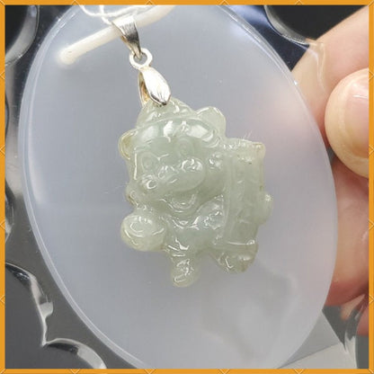 Yingmart White Happy Tiger Burmese Myanmar Genuine Jadeite Jade Grade A Hand Craving Pedant with Hook setting
