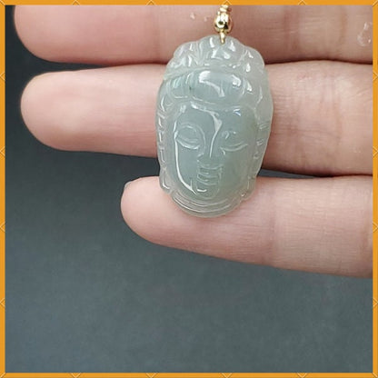 Yingmart Light Blue Guan-Yin Buhdda Face Burmese Myanmar Genuine Jadeite Jade Grade A Hand Craving Pedant with Hook setting