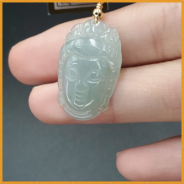 Yingmart Light Blue Guan-Yin Buhdda Face Burmese Myanmar Genuine Jadeite Jade Grade A Hand Craving Pedant with Hook setting