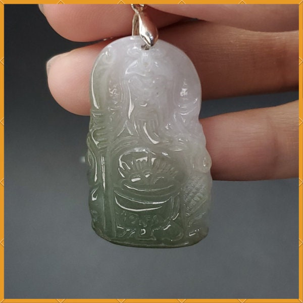 Yingmart Guan-Gong White Green  Burmese Myanmar Genuine Jadeite Jade Grade A Hand Craving Pedant with Hook setting