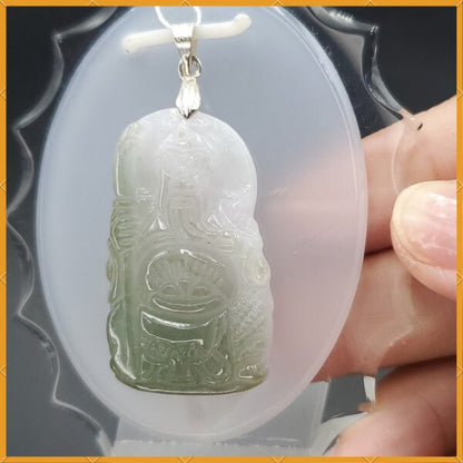 Yingmart Guan-Gong White Green  Burmese Myanmar Genuine Jadeite Jade Grade A Hand Craving Pedant with Hook setting