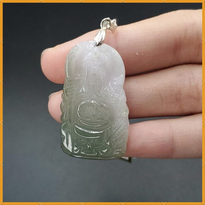 Yingmart Guan-Gong White Green  Burmese Myanmar Genuine Jadeite Jade Grade A Hand Craving Pedant with Hook setting