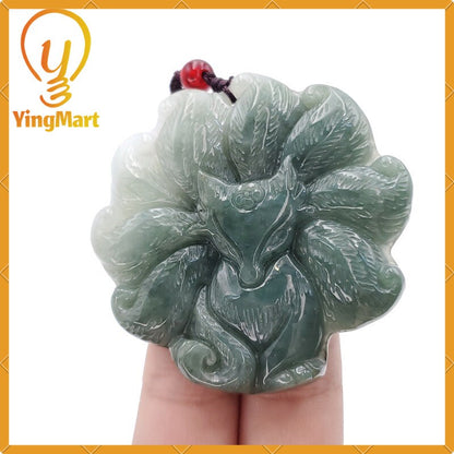 Yingmart  100% Natural Jade Nine - Tailed Fox Pendant Hand Carved  Burmese Myanmar Genuine Jadeite Real Jade Grade A Type A