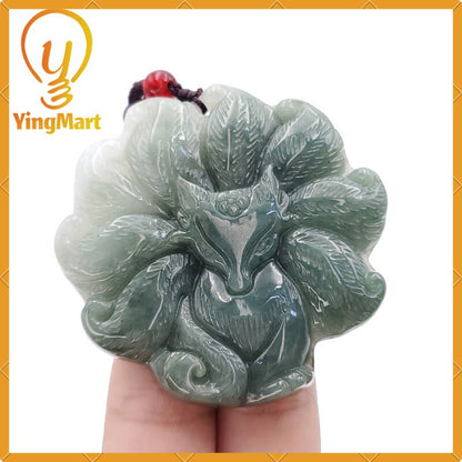 Yingmart  100% Natural Jade Nine - Tailed Fox Pendant Hand Carved  Burmese Myanmar Genuine Jadeite Real Jade Grade A Type A