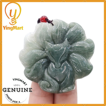 Yingmart  100% Natural Jade Nine - Tailed Fox Pendant Hand Carved  Burmese Myanmar Genuine Jadeite Real Jade Grade A Type A