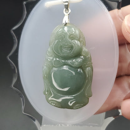 Yingmart Light Blue Laughing Buhdda Burmese Myanmar Genuine Jadeite Jade Grade A Hand Craving Pedant with Hook setting