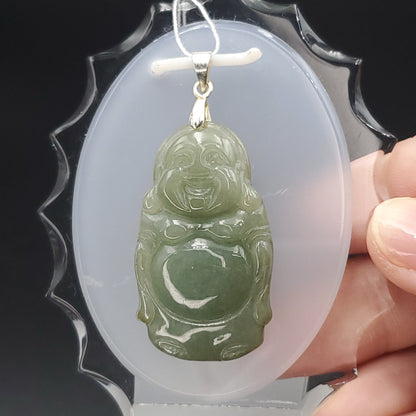 Yingmart Light Blue Laughing Buhdda Burmese Myanmar Genuine Jadeite Jade Grade A Hand Craving Pedant with Hook setting