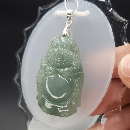 Yingmart Light Blue Laughing Buhdda Burmese Myanmar Genuine Jadeite Jade Grade A Hand Craving Pedant with Hook setting