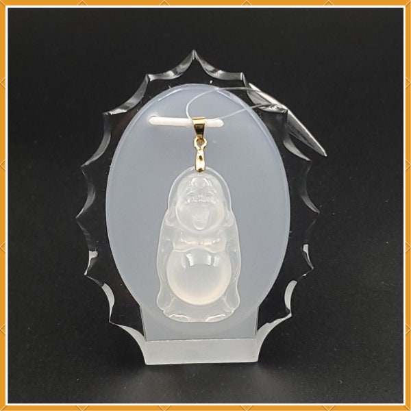 Yingmart High-Quality Icy White Agate Laughing Buhdda Burmese Myanmar Genuine Grade A Hand Craving Pedant with 925S Hook Settings