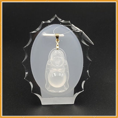 Yingmart High-Quality Icy White Agate Laughing Buhdda Burmese Myanmar Genuine Grade A Hand Craving Pedant with 925S Hook Settings