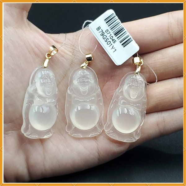 Yingmart High-Quality Icy White Agate Laughing Buhdda Burmese Myanmar Genuine Grade A Hand Craving Pedant with 925S Hook Settings