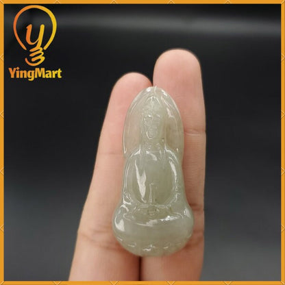 Yingmart White Guan-Yin Buhdda Burmese Myanmar Genuine Jadeite Jade Grade A Hand Craving Pedant