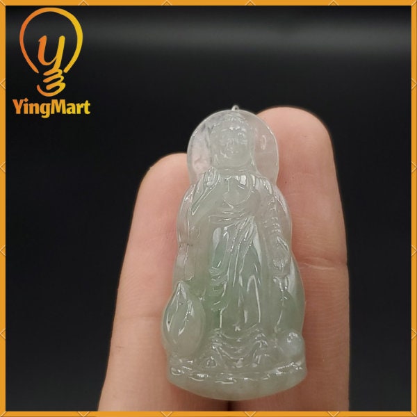 Yingmart Light Green Guan-Yin Buhdda  Burmese Myanmar Genuine Jadeite Jade Grade A Hand Craving Pedant