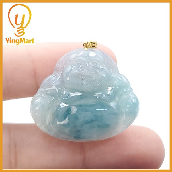 Yingmart 100% Genuine Rare  Blue Floating Laughing Buhdda Burmese Myanmar Authentic Jadeite Jade Grade A Hand Craving Pedant